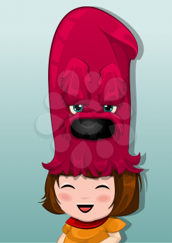 Little Girl with Red Choosing Hat, Happy, Laughing, vector illustration
