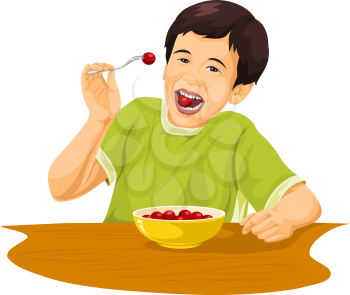 Vector illustration of boy eating grapes using fork.