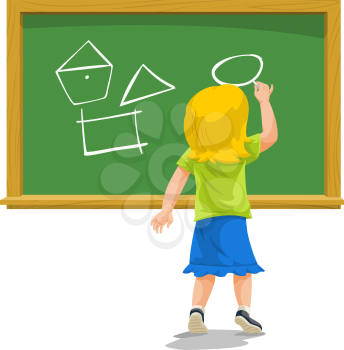 Education showing child drawing shapes on a chalkboard, vector illustration