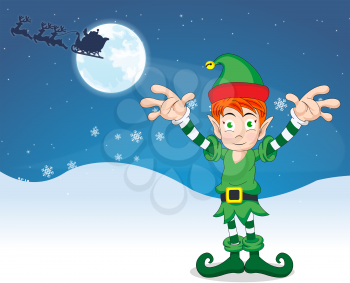 Merry Christmas elf with blue and white background, and santa claus and reindeer flying across the moon, vector illustration
