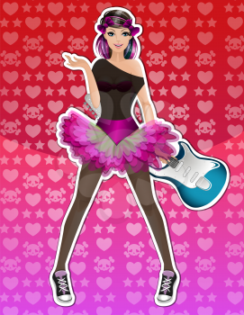 Emo Girl, Rockstar, with Electric Guitar, Wearing a Ballet Tutu Outfit, vector illustration