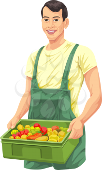 Vector illustration of farmer with fresh vegetables in basket.