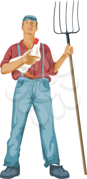 Vector illustration of man holding a hen and shovel.