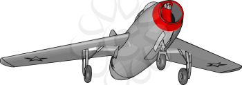 Grey jet plane with three landing wheels and red nose vectore illustration on white background