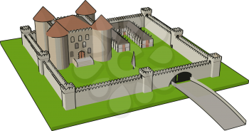 Simple vector illustration of a medieval castle with fortified wall and towers white background