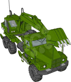 3D vector illustration on white background of green excavator machine