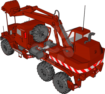 3D vector illustration on white background of big red excavator