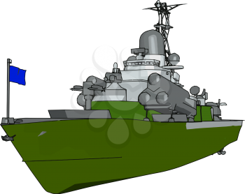 3D vector illustration on white background of a  green and grey military boat with a blue flag