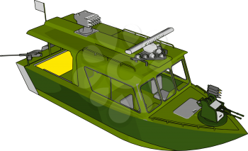 3D vector illustration on white background of a grey and green military boat