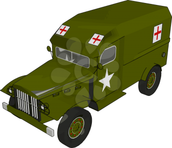 3D vector illustration on white background of a green medical military vehicle
