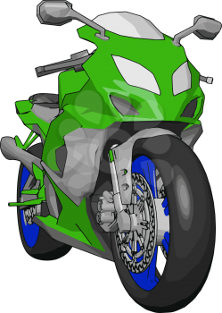 3D vector illustration on white background of a grey blue and green motorcycle