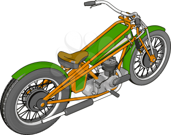 3D vector illustration of a green and yellow  vintage chopper motorcycle white background