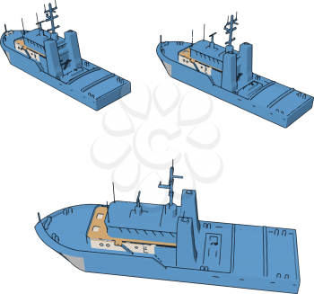 Simple cartoon of three blue navy battle ships vector illustration on white background