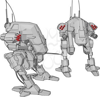Simple cartoon of two grey robots with red missil heads vector illustration on white background