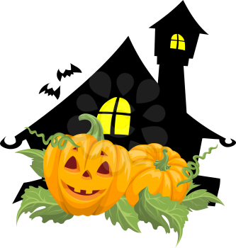 Halloween, showing haunted house, pumpkins, and bats, vector illustration