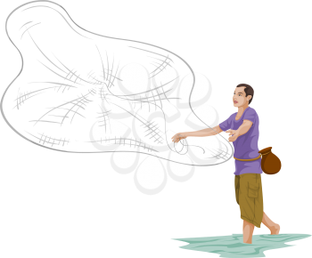Vector illustration of man throwing fishing net.