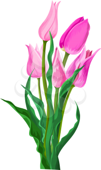 Vector illustration of pink flower and green leaves.