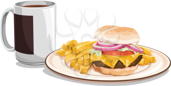 Vector illustration of tea mug with burger and french fries for breakfast.