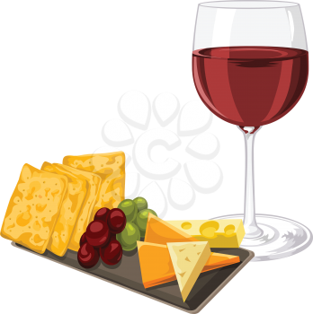 Vector illustration of red wineglass with cheese, cookie and grapes on tray.