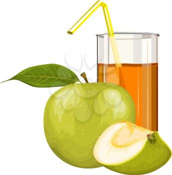 Vector illustration of fresh green apple with juice in glass.