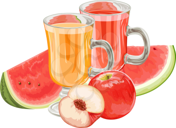 Vector illustration of fresh fruits with juice in glass.