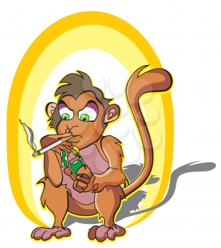 Monkey smoking, holding a lighter and cigarette stick, vector illustration