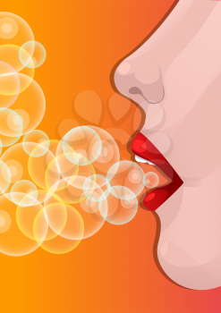 Girl Blowing Bubbles, Red Lips, Orange Background, vector illustration