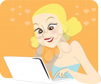 Illustration of a young blonde woman with curly hair chatting on her computer with a loved one, on an orange background with hearts. Great for Saint-Valentine's icon or e-card.