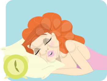 Sexy redhead womain with a pink top, sleeping on her pillow next to an alarm clock.