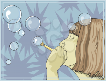 Girl blowing bubbles, using a straw, vector illustration