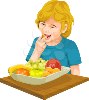 Vector illustration of girl eating fresh fruit.