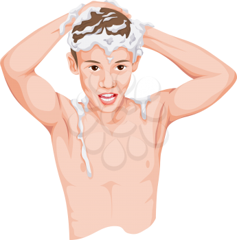Vector illustration of teenage boy shampooing his head.