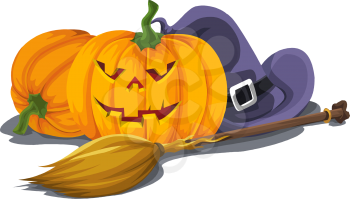 Vector illustration of halloween pumpkin with witch's hat and broomstick isolated on white.