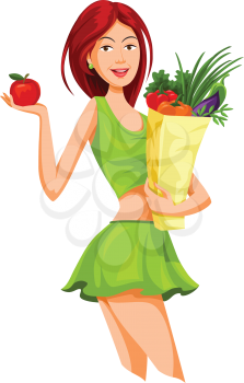 Vector illustration of beautiful woman holding an apple and grocery bag full of fresh vegetables. 