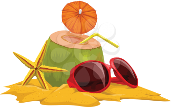 Vector illustration of coconut, starfish and sunglasses on sand at beach.