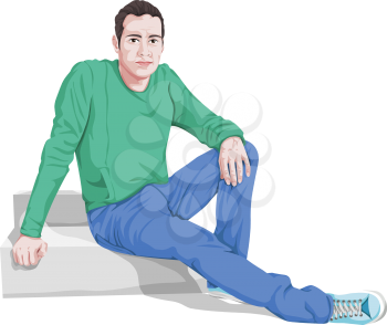 Vector illustration of stylish young man sitting on steps.