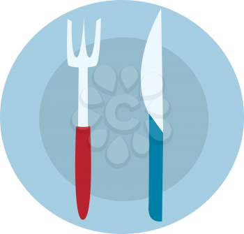 Blue food plate with fork and knife illustration vector on white background