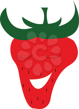 Funny face of red strawberry with green sepal shaped hat vector color drawing or illustration 