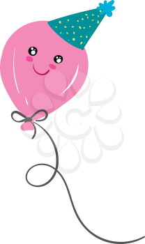 Pink balloon in blue party hat vector or color illustration
