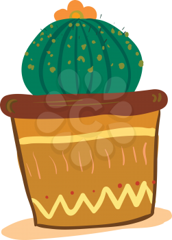 Round cactus plant in earthen pot vector or color illustration