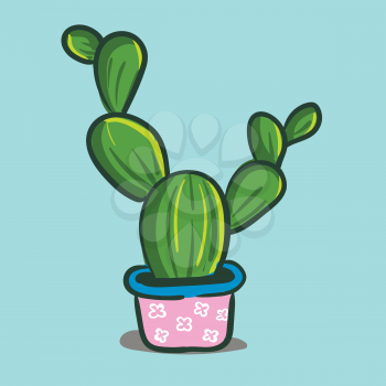 Prickly cactus in pink pot vector or color illustration