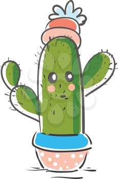 Cactus painting with flower vector or color illustration