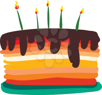Colorful layer cake with chocolate topping vector or color illustration