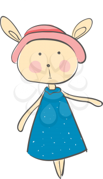 Hare in blue dress and pink cap vector or color illustration