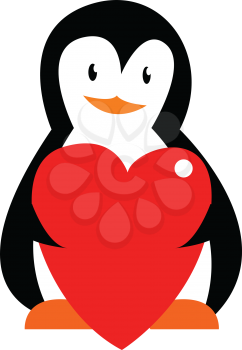 Penguin and red heart vector or color illustration