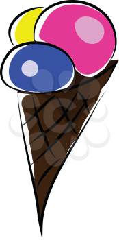 Ice cream cone with three different flavor vector or color illustration