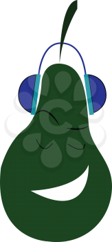 Green pear listening to music vector or color illustration