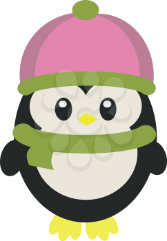 Baby penguin in warm winter clothes vector or color illustration