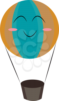 An empty orange and blue hot air balloon having a smiley face a grey basket with two ropes attached vector color drawing or illustration 