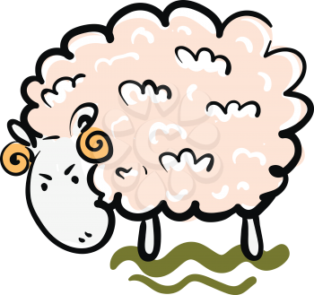 Clipart of a ram having pink wool two horns looking down with an angry expression on the face vector color drawing or illustration 